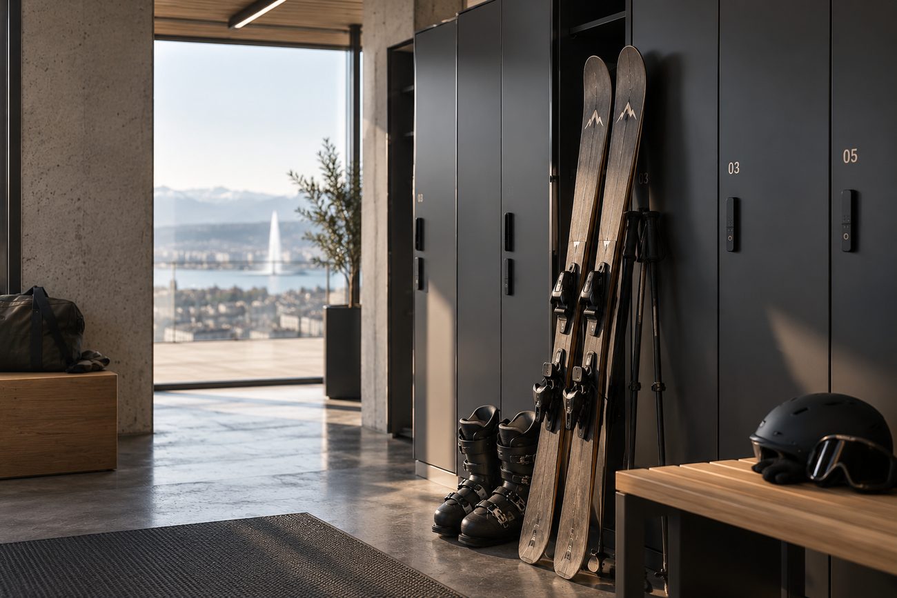 Une paire de skis et de chaussures de ski posées contre des casiers de rangement dans un intérieur calme et minimaliste, avec vue sur le lac Léman et le Jet d'Eau en arrière-plan.